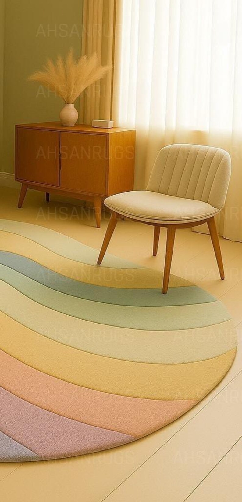 Round pastel area rug with abstract wavy pattern in soft hues of lavender, blush, yellow, green, and blue. Handmade wool rug styled in a modern boho living room with light green sofa, wooden cabinet, and neutral decor.