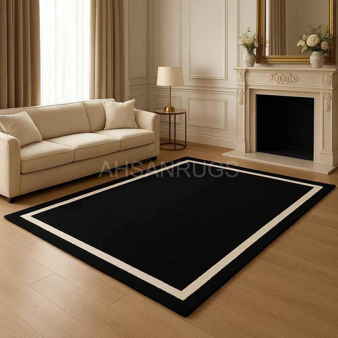 Hand-tufted Black & White Border Wool Rug, Modern Home Décor - Etsy