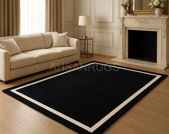 Hand-Tufted Black & White Border Wool Rug, Modern Home Décor