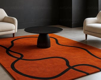 Tappeto arancione annodato a mano, design moderno con linee nere