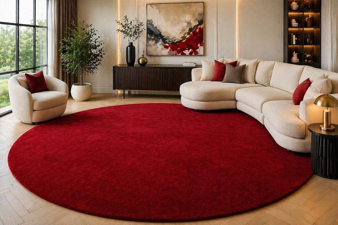 Luxurious Red Round Rug – Bold Solid Color Circle Carpet for Living ...