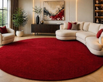 Luxurious Red Round Rug – Bold Solid Color Circle Carpet for Living Room or Bedroom | Custom Size Modern Statement Floor Decor 5x5 6x6 7x7ft