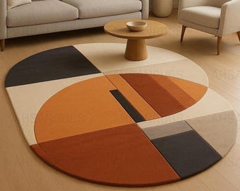 Geometric Round Area Rug – Terracotta, Beige, Black, and Rust