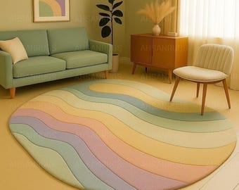 Handmade Pastel Wavy Rug – Modern Wool Blend, Round Abstract Carpet
