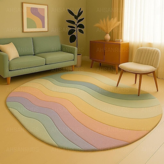 Handmade Pastel Wavy Rug – Modern Wool Blend, Round Abstract Carpet