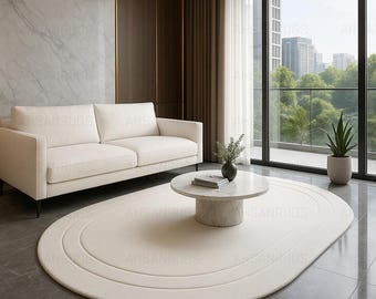 Oval Ivory Area Rug – Modern Minimalist Neutral Carpet