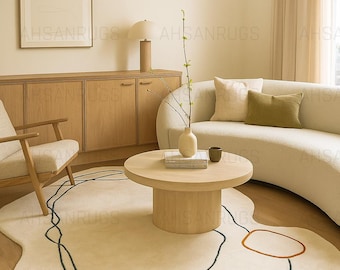 Abstract Line Art Cream Rug – Irregular Wavy Edge, Modern Decor