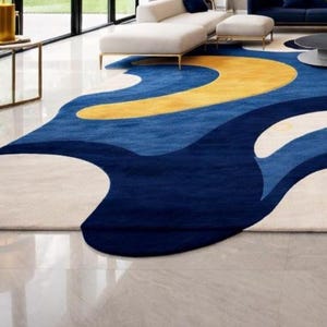 Modern abstract blue area rug for living room, navy cream yellow contemporary carpet, luxury designer bedroom rug, soft large home decor floor mat