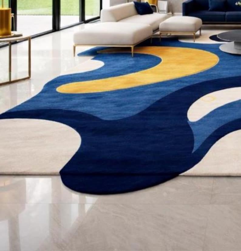 Modern abstract blue area rug for living room, navy cream yellow contemporary carpet, luxury designer bedroom rug, soft large home decor floor mat