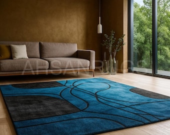 Luxuriöser handgetufteter abstrakter Teppich | Moderner Blau Schwarzer Geometrischer Teppich für Wohnzimmer | Zeitgenössische Designer Wohnkultur