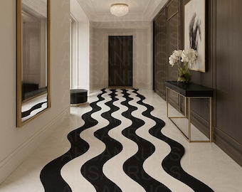 Hand Tufted Wool Runner Rug: Modern Black and White Abstract Design