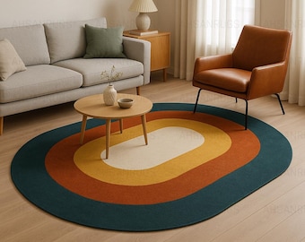 Hand-Tufted Retro Oval Area Rug, Teal Orange Mustard, Mid-Century Modern Decor