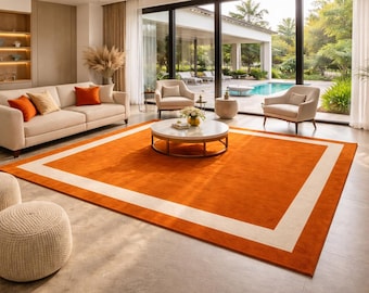 Modern Orange Area Rug with Cream Border, Minimalist Handmade Living Room Rug, Contemporary Large Carpet, Luxury Solid Color Custom Size Rug