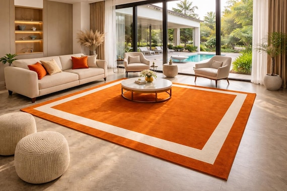 Modern Orange Area Rug with Cream Border, Minimalist Handmade Living Room Rug, Contemporary Large Carpet, Luxury Solid Color Custom Size Rug