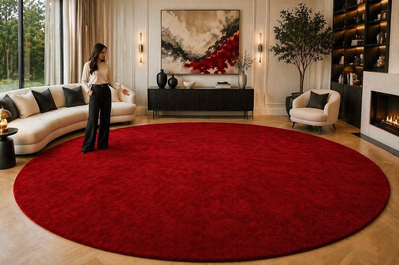 Luxurious Red Round Rug – Bold Solid Color Circle Carpet for Living ...