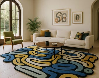 Abstract Tufted Area Rug | Hand Tufted Custom Shape Rug | Blue Yellow Swirl Rug | Living Room Bedroom Rug | Boho Modern Art Rug  Large Floor