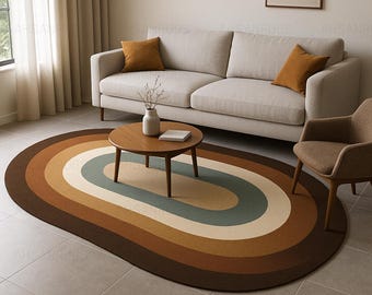 Hand-Tufted Retro Oval Rug – Multicolor Wool Carpet, Mid-Century Modern