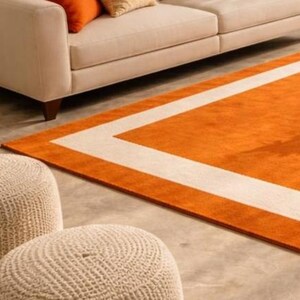 Modern Orange Area Rug with Cream Border Handmade Minimalist Living Room Carpet by AHSAN RUGS