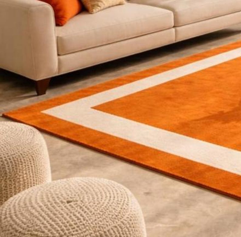 Modern Orange Area Rug with Cream Border Handmade Minimalist Living Room Carpet by AHSAN RUGS