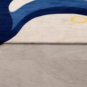 Modern abstract blue area rug for living room, navy cream yellow contemporary carpet, luxury designer bedroom rug, soft large home decor floor mat