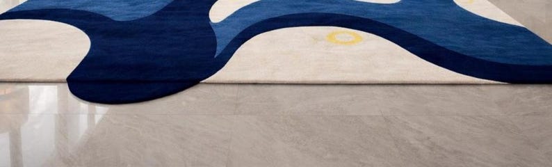 Modern abstract blue area rug for living room, navy cream yellow contemporary carpet, luxury designer bedroom rug, soft large home decor floor mat