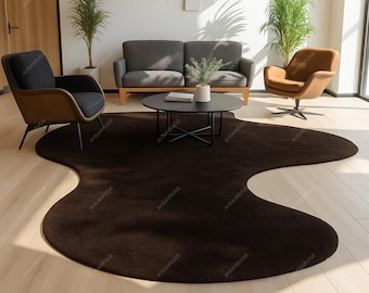 Hand Tufted Curved Organic Shape Area Rug, 4x6 5x7 6x8 8x10 9x12 feet | Dark Brown Modern Minimalist Carpet for Living Room Home Decor