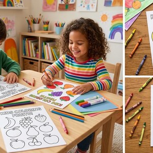 May include: Two children are coloring fruit illustrations with crayons at a wooden table. The coloring pages feature outlines of various fruits, with the text "KIDS COLORING FRUITS!" at the top. Crayons and colored pencils are scattered around the table.