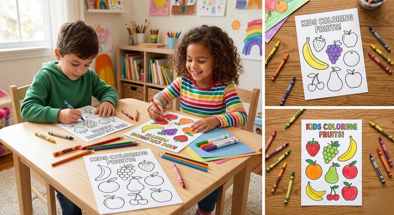May include: Two children are coloring fruit illustrations with crayons at a wooden table. The coloring pages feature outlines of various fruits, with the text "KIDS COLORING FRUITS!" at the top. Crayons and colored pencils are scattered around the table.