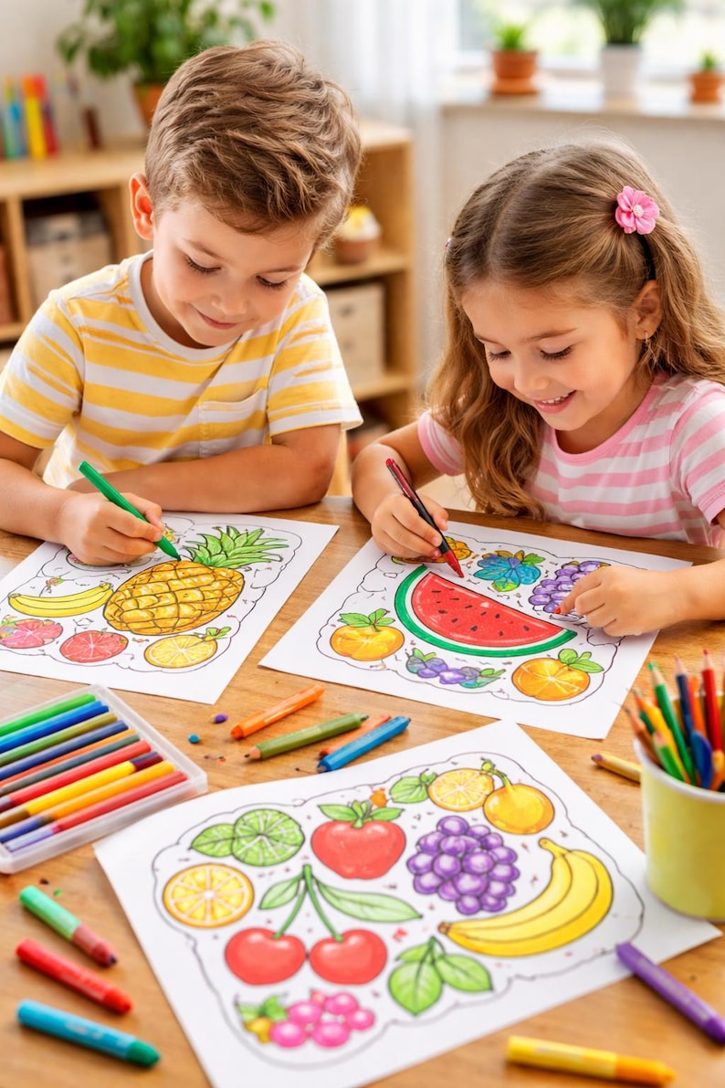 May include: Two children coloring fruit-themed pictures with crayons. The drawings include a pineapple, watermelon, grapes, and other fruits. A box of crayons and a cup of colored pencils are on the wooden table.