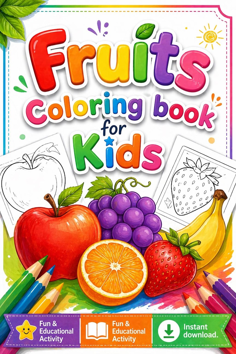 May include: A colorful children's coloring book cover with the title "Fruits Coloring Book for Kids." The image features illustrations of an apple, grapes, orange, strawberry, and banana. Colored pencils are at the bottom, with text that says "Fun & Educational Activity" and "Instant download."