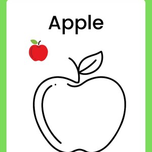 May include: A coloring page with a green border features the word "Apple" in large black letters. A small red apple with a green leaf is in the upper left corner. A large outline of an apple is below the text.