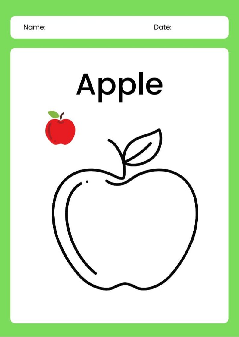 May include: A coloring page with a green border features the word "Apple" in large black letters. A small red apple with a green leaf is in the upper left corner. A large outline of an apple is below the text.