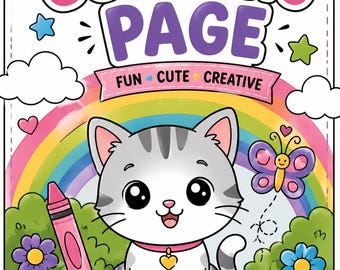 May include: A children's coloring book cover featuring a cartoon cat with a rainbow, butterfly, and flowers. The cover has the words "COLORING PAGE" in colorful bubble letters, with the phrases "FUN CUTE CREATIVE" and "HOURS OF FUN FOR KIDS OF ALL AGES!"
