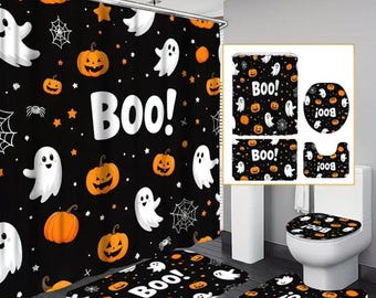 Halloween-Badezimmer-Set | Duschvorhang mit Geisterkürbis, Badematte, WC-Deckel