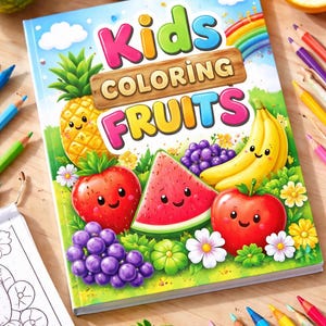 May include: A colorful children's coloring book titled "Kids Coloring Fruits" featuring illustrations of smiling fruits like apples, bananas, and watermelon. Colored pencils and fresh fruit surround the book on a wooden surface.