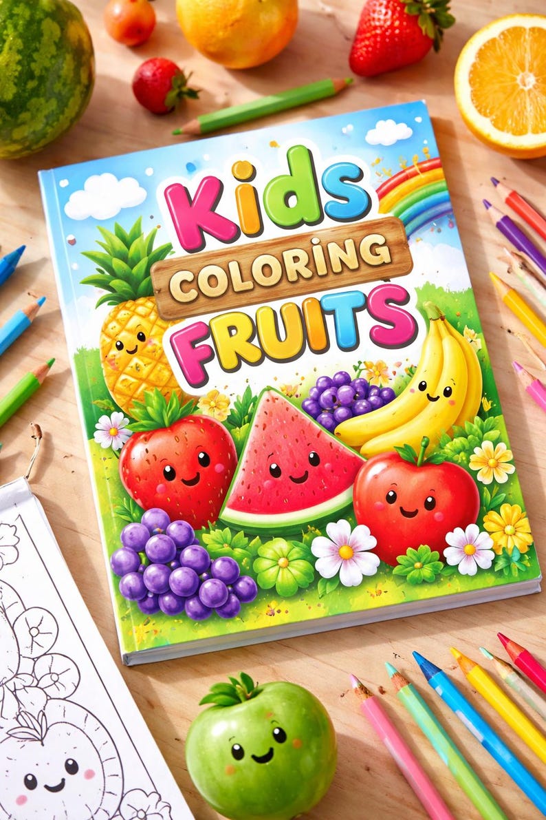 May include: A colorful children's coloring book titled "Kids Coloring Fruits" featuring illustrations of smiling fruits like apples, bananas, and watermelon. Colored pencils and fresh fruit surround the book on a wooden surface.