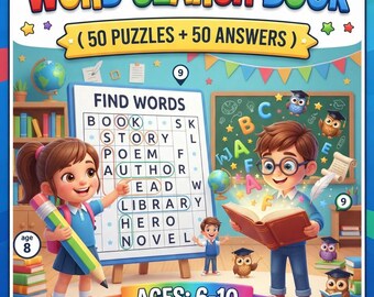 May include: Educational & Literature Word Search Book with 50 puzzles and 50 answers for ages 6-10. The cover features two children, a large pencil, a word search board with words like Book, Story, and Library, and several owls in a classroom.