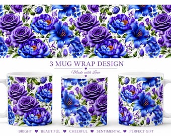3D Purple Blue Floral Mug Wrap Sublimation Design (Digital Download)