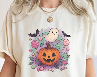 Kawaii Ghost and Pumpkin Halloween Shirt - Comfort Colors Tee