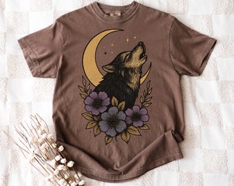 Wolf Howling at Moon Shirt: Mystical Floral Graphic Tee - Comfort Colors