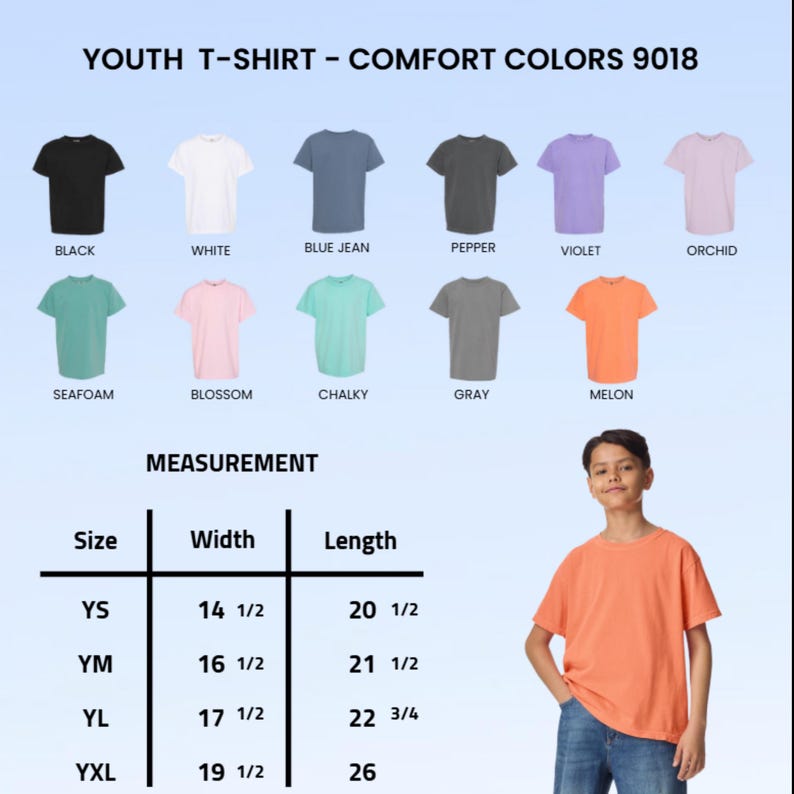 May include: A youth t-shirt in melon is modeled. The image shows t-shirts in black, white, blue jean, pepper, violet, orchid, seafoam, blossom, chalky, and gray. Measurements are provided for sizes YS, YM, YL, and YXL.