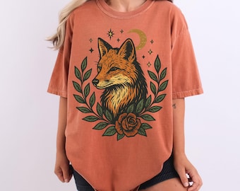 Boho Fox Graphic Tee: Retro Floral Moon Comfort Colors Shirt