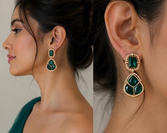Boucles d'oreilles doublet émeraude : bijoux vintage en laiton plaqué or rose
