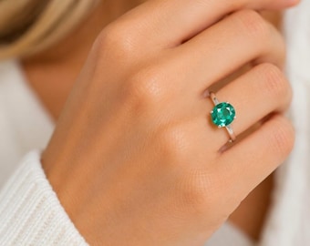 Bague en argent sterling 925, émeraudes cultivées en laboratoire : taille ovale, pierre précieuse à facettes de 15,00 carats,