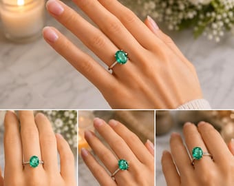 925 Sterling Silver , Lab Grown Emerald Ring: Oval Cut , 15.00 Ct Faceted Gemstone ,