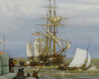 Dutch Marine Seascape Mural, Vintage Sailing Ship Art, Coastal Peel and Stick Wallpaper