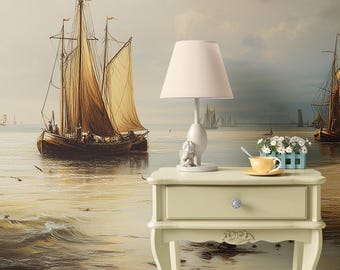 Vintage Dutch Seascape Mural, Sailing Ship Nautical Peel and Stick Wallpaper