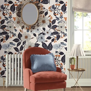 Navy Terracotta Floral Wallpaper, Bold Botanical Peel and Stick