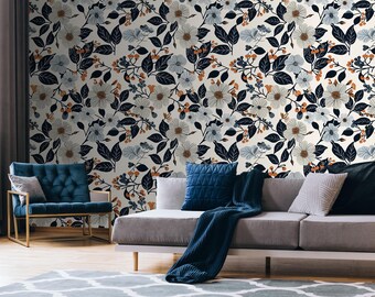 Navy Terracotta Floral Wallpaper, Bold Botanical Peel and Stick