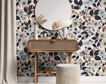 Navy Terracotta Floral Wallpaper, Bold Botanical Peel and Stick